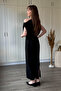 Off-Shoulder Linen Midi Black Dress - 7