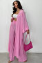 Women's Pink Long Slit Kimono Set with Seersucker Textured Oversized Pants Bohemian Summer Top and Bottom Combination - 3