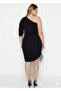 Women's Black One-Shoulder Drawstring Detailed Midi Length Woven Dress - 3