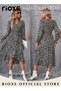 Women's Long Sleeve V Neck Floral Midi Dress, Casual Flowy A-line High Waist Bohemia Dress with Belt - 3