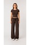 Women's Brown Contrast Ribbed Flexible Ribbed Fake Sleeve Tshirt