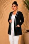 Women's Black Plus Size Stone Print Front White Ribbed Stripe Detail Pocketed Open Front Stretchy Viscose Cardigan