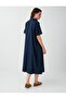 Navy Blue Shirt Collar Short Sleeve Cotton Dress - 6