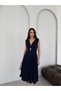 Navy Blue Backless Midi Evening Dress with Gold Accessory Detail - 2