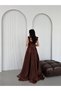 Brown Floral Strap Draped Skirt Pleated Long Evening Dress - 7