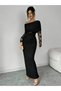 Black Lace Insert Ruched Bodycon Maxi Dress with Cape Overlay - 3