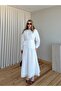 White Long Dress with Elastic Waist and Belt - 7051 - 6