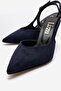 Women's Navy Blue Suede Pointed Toe Open Back 8 cm Goblet Heeled Shoes Hary - 4