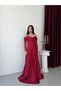Burgundy Boat Neck Underwire Lace Detailed Long Evening Dress - 3