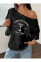 Women's Espresso Printed Boat Neck Off Shoulder 100% Cotton T-Shirt - 3