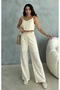 Women's Beaded Detailed Linen Strap Crop Pants Set - 2