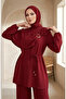 Ring Detailed Lace-Up Hijab Double Set 2280-02 Claret Red - 3