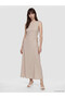 Lcw Vision Khaki Crew Neck Gathered Dress with Waist Tie - 2