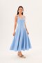 Blue Linen Strappy Square Neck A-Line Panel Detailed Cotton Midi Dress - 7