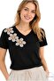 Women's Black 100% Cotton Regular Fit Floral Embroidered Knitted T-Shirt - 3