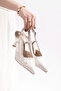 Lusin White Women's Pointed Toe 7 cm Heeled Floral Lace Patterned Patent Leather Slingback Shoes - 2