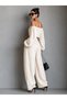 Women's Ecru Madonna Collar Crop Blouse and Shalwar Cut Loose Pants Two-Piece Set - 4