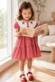 Girl's Red Plaid Patterned Cherry Embroidered Doll Collar Cotton Summer Dress - 5