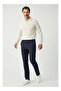 Men's Regular Fit Straight Cut Pleated Navy Blue Trousers