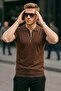 Men's Zippered Casual Brown Slim Fit Polo Neck T-Shirt - 4