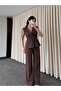 Brown 100% Cotton Shoulder Waist Drawstring Blouse and Trousers Set - Y286120 - 6