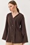 Women's brown button-front blouse with slim belt detail - 4