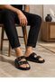 Men's Double Buckle Black Slippers Faux Leather Anatomical Sole Daily Summer Slippers - 2