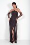 Women's Strapless Collar Lined Draped Side-Pocketed Lez Lace Long Dress - 3