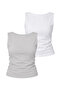 Women's Side Gathered Back Detailed Athlete T-Shirt Double Set (95% Cotton), (White, Grey)