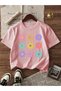 Printed Black - White - Pink 3-Piece Children's T-Shirt 100% Cotton Short Sleeve Knitted Crew Neck - 3
