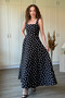 Square Collar Poplin Fabric Midi Flared Black Polka Dot Dress with Scarf Detail on the Back - 3
