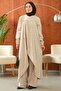 Beige Asymmetrical Cut Tunic with Elastic Sleeves and Trousers Set