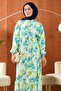 Green Half Buttoned Sleeves Elastic Skirt Layered Viscose Dress - 4