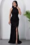 Halter Neckline Stoned Slit Dress Drp1013