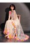 Off white colored net saree with faux mirror embroidery and printed lehariya frill on border - 4