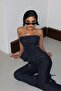 Women's Navy Blue Stoned Jean Strapless Trouser Set - 4