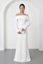 Women's White Boat Neck Long Sleeve Promise Engagement Wedding Evening Dress