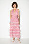 Women's Pink Shawl Patterned Halter Neck Gipeli Backless Layered Maxi Dress 4230 60286392 - 4