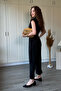 Buttoned Belted Shirt Collar Tencel Fabric Black Jumpsuit - 5