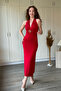 Halter Neck Slit Midi Red Dress with Chest Accessories - 6