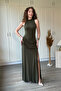Drawstring Waist Slit High Neck Maxi Khaki Dress - 3