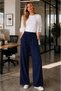 Meri Navy Blue High Waist, Wide Leg, Comfortable Cut, Elastic Waist and Drawstring, Women's Cotton Trousers New Season
