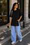 Women's Basic Oversize T-Shirt, Crew Neck, Long Length, Slit, Laser Cut, 100% Cotton - 7