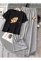 Unisex Zipper Bear Print Oversized Tshirt and Baggy Sweatpants - Summer Two-Piece Tracksuit Set - 2