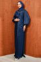 Navy Blue Evening Dress with Gathered Collar and Stones on the Front - 3