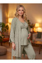 New Season Green Summer Design with Easy Breastfeeding Feature, Short Sleeve Woven Maternity Pajama Set, 3-Piece Set - 6