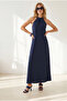 Women's Navy Blue Halter Neck Chain Decorated Maxi Flowy Dress Elb-19002649 - 5