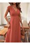 Women's Short Sleeve V-Neck Front Buttoned Midi Woven Viscose Dress - 4