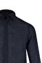Navy Blue Comfort Fit Hidden Button Collar Linen Shirt - 2