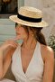 Women's Aveline Black Banded Straw Boater Hat Beige – Elegant Summer Design with Flat Top - 3